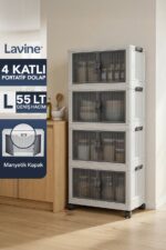 Lavine ”LARGE” 4 Katlı Portatif Organizer Tekerlekli Dolap Çok Amaçlı Mıknatıs Kapaklı Katlanır - BEYAZ