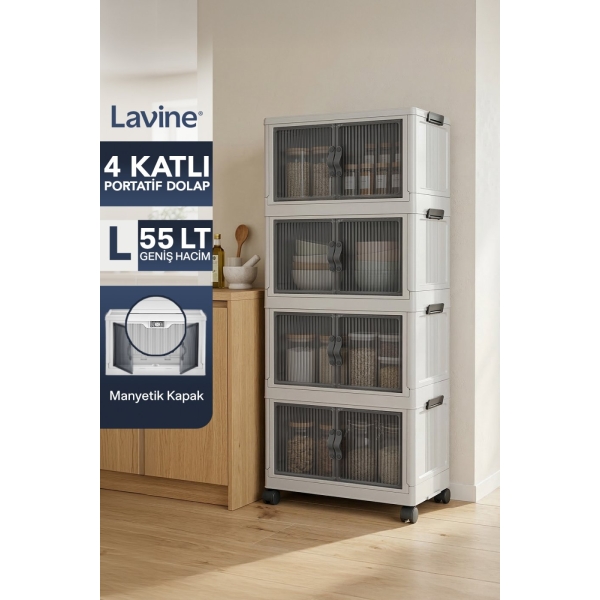 Lavine ”LARGE” 4 Katlı Portatif Organizer Tekerlekli Dolap Çok Amaçlı Mıknatıs Kapaklı Katlanır - BEYAZ