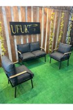 UFUK HOME Linda 211 Antrasit Fermuarlı Bahçe Balkon Takımı, Cafe, Salon - Metal Kanepe Koltuk Takımı