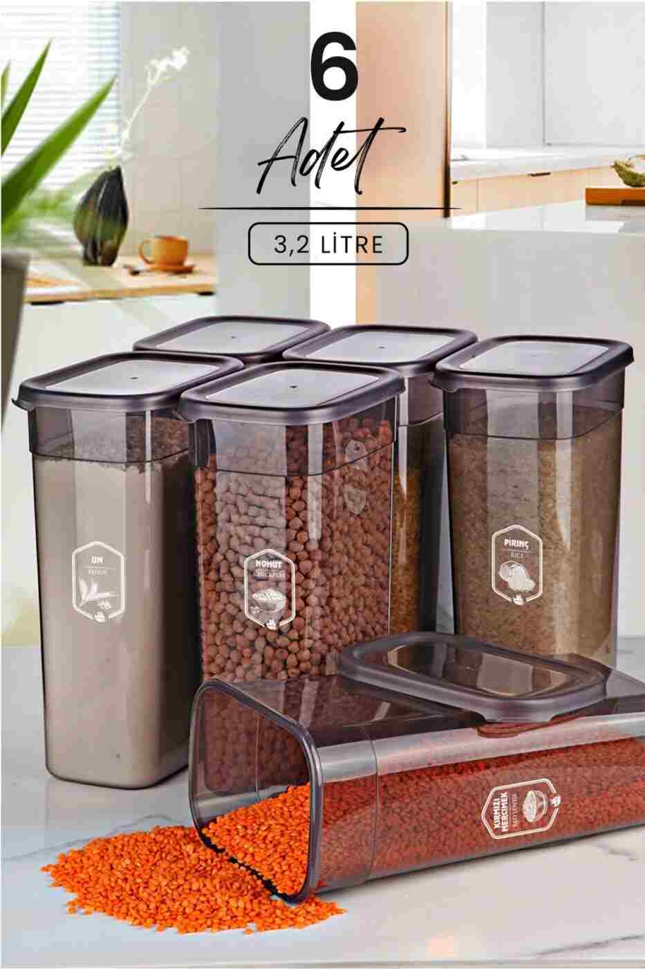 4ec0f186d055a8a93f2898e5d18b4a88 Kitchen Life 6'lı Mega Boy Etiketli Dikdörtgen Erzak Saklama Kabı Seti 3200ml Çay Şeker Saklama Kabı 3.2 Litre - Görsel 1