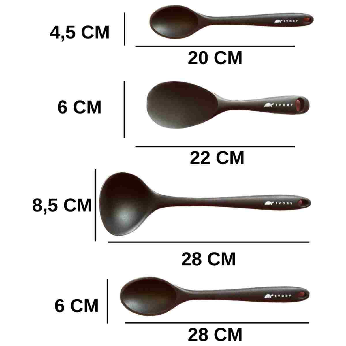 Multiamo İvory Sert Uçlu Isıya Dayanıklı Yanmaz Yapışmaz Silikon Seti 4 Parça 28cm/22cm/20cm Kaşık 28cm Kepçe - Görsel 7