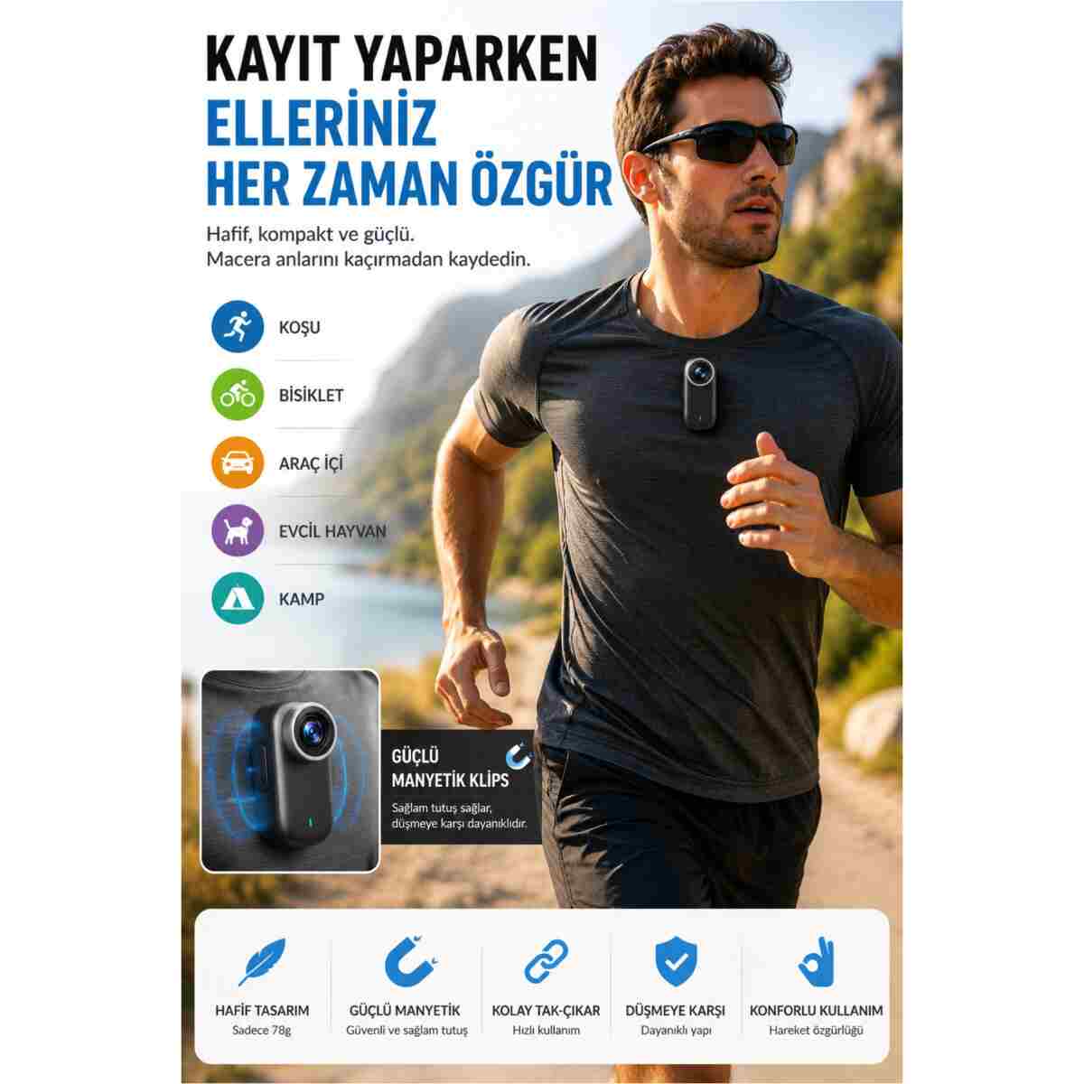 Omaze 4K UHD Mini Aksiyon Kamerası WiFi Bağlantılı Manyetik Klipsli Giyilebilir Body Cam Spor ve Vlog Kamerası - Görsel 4