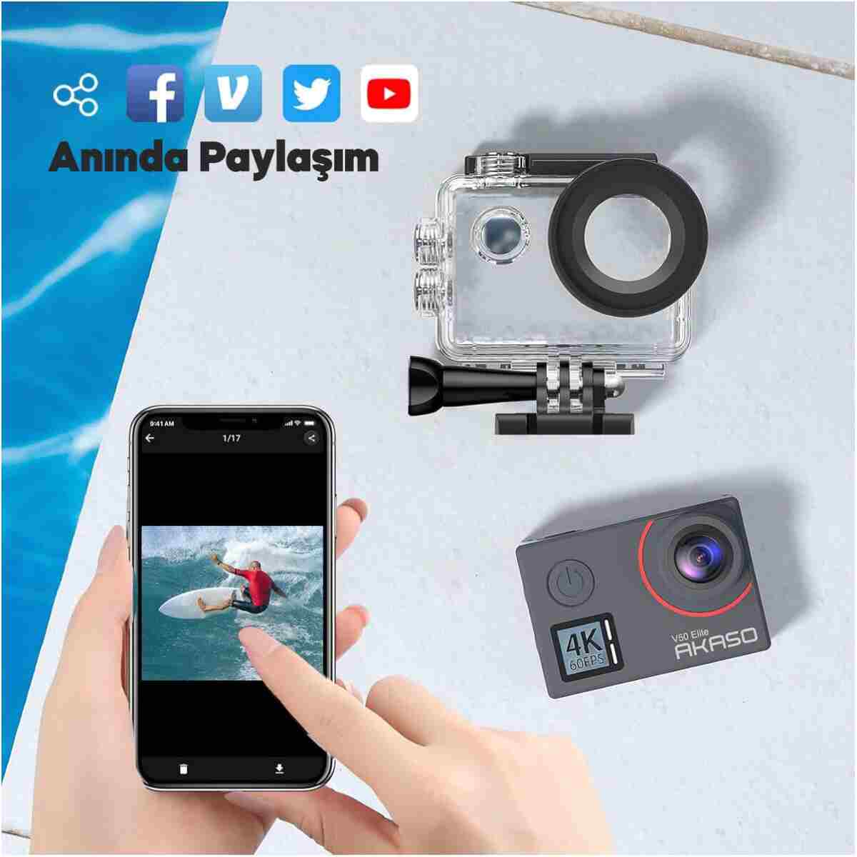 AKASO V50 Elite 4K/60FPS 20MP Wi-Fi Aksiyon Kamera ve Aksesuar Seti, Su Geçirmez Kılıf, App Kontroll - Görsel 14