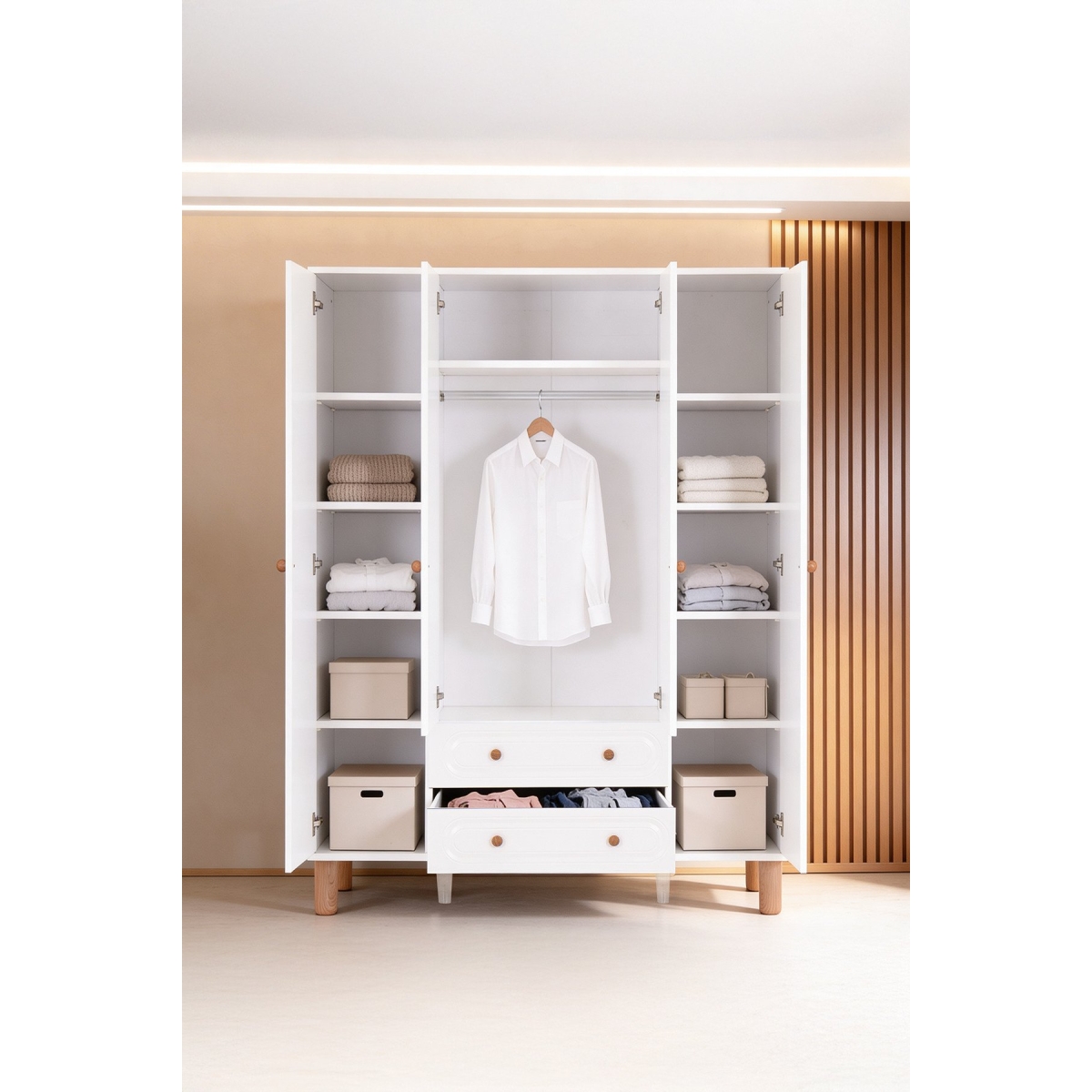 Kilim Mobilya Bohera Plus Aynalı Dört Kapaklı Dolap (MDF kapaklı, yüksek ayaklı, iki çekmeceli, 200cm yükseklikte) - Görsel 2