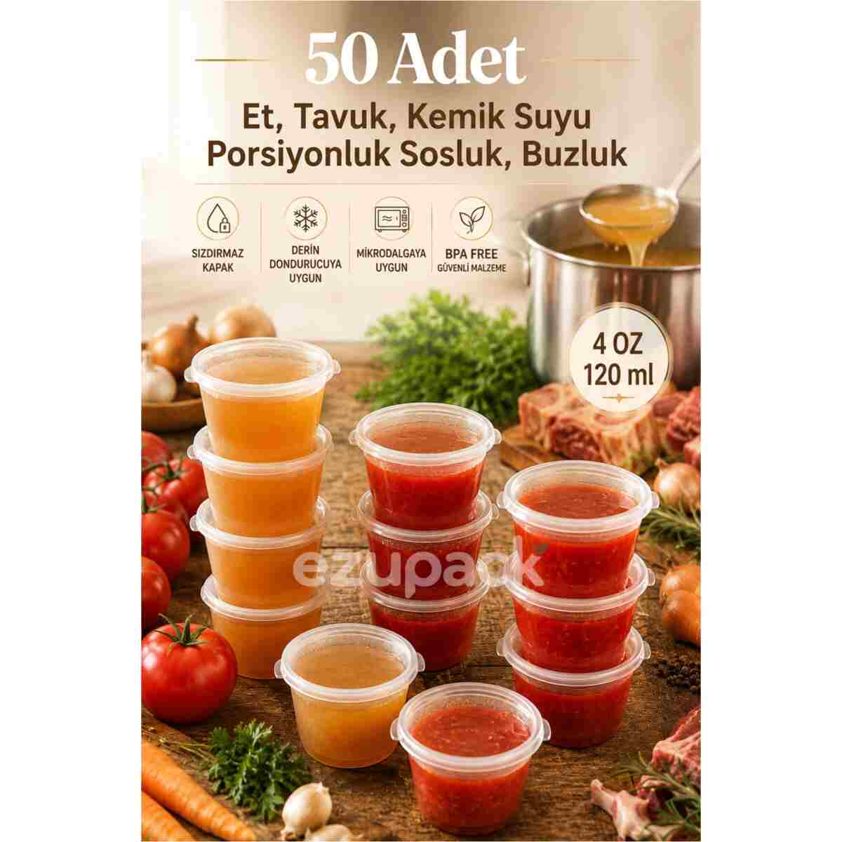 Ezupack 50 Adet Sızdırmaz 120 ml Mini Saklama Kabı Sosluk Buzluk Kabı, Et Suyu, Kemik Suyu, Sos Kabı Mutfak - Görsel 13