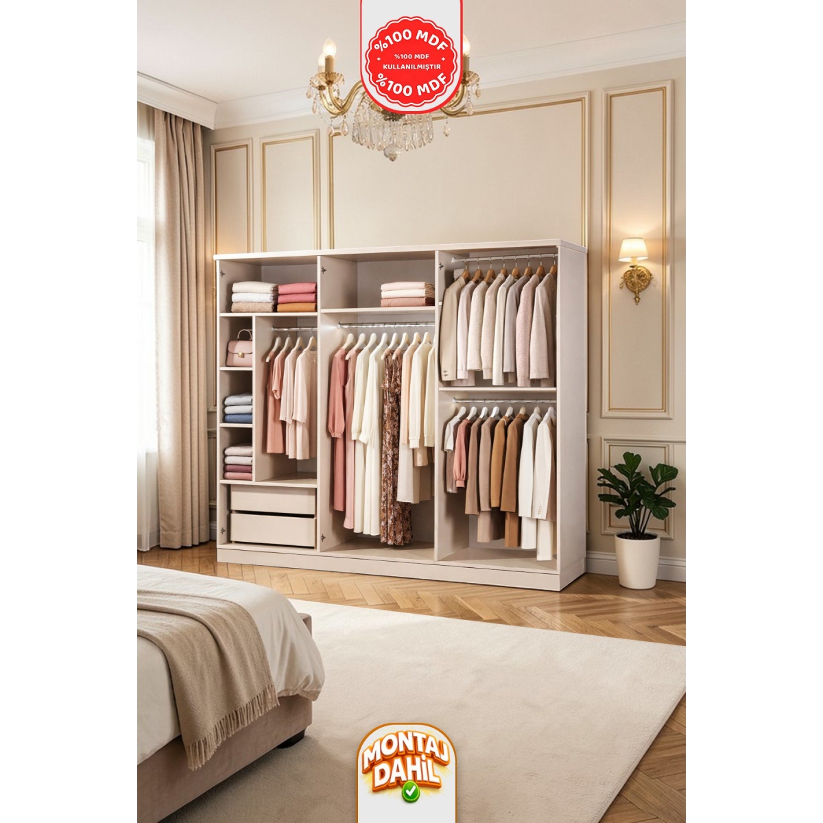 İMBAŞ Çeşme Vizon 6 Kapaklı Gardırop %100 MDF - Görsel 10