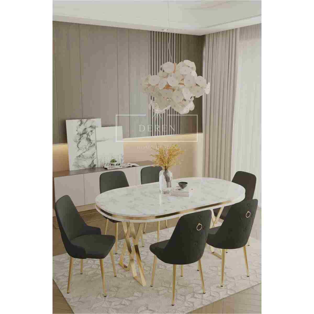 DEREN HOME Fe Serisi Lak Panel Mdf Beyaz Silinebilir Kumaş Gold Ayak Masa Takımı 6 Adet Krem Sandalye - Görsel 7