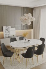 DEREN HOME Fe Serisi Lak Panel Mdf Beyaz Silinebilir Kumaş Gold Ayak Masa Takımı 6 Adet Krem Sandalye - Görsel 7