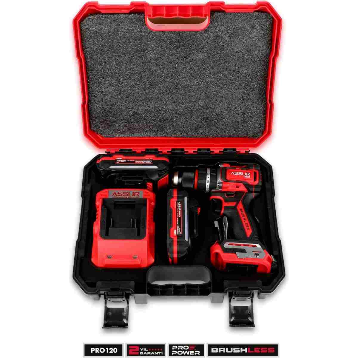 ASSUR 21V Pro Seri Kömürsüz Çift Akülü Metal Şanzıman Led Işıklı Taşıma Çantalı Şarjlı Darbeli Matkap - Görsel 4