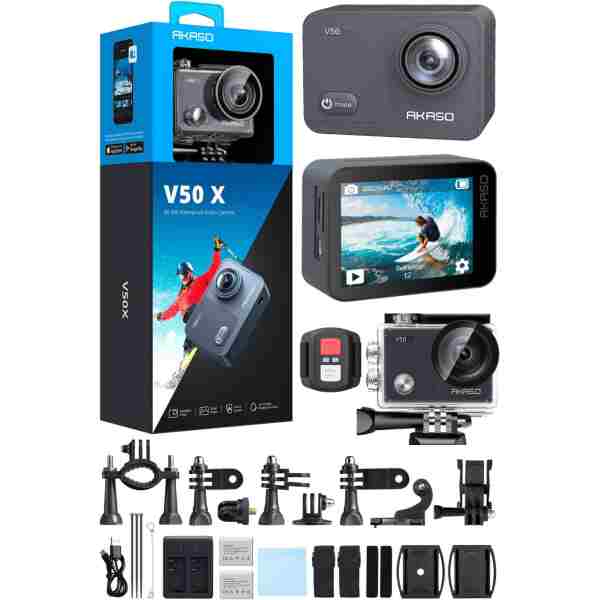 AKASO V50X 4K/30FPS 20MP Wi-Fi Aksiyon Kamera ve Aksesuar Seti, Su Geçirmez Kılıf, App Kontrollü