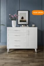 mapahomeliving Panjurlu 4 Çekmeceli 1 Kapaklı Şifonyer Modern Tasarım, MDF Kapak,Ekru Ceviz - Görsel 7