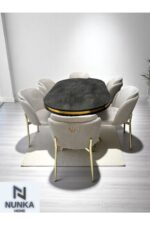 NUNKA HOME Arya Gold Line Serisi Cappuccino Renk +6 Sandalyeli Mdf Lak Panel İroni Masa Takımı - Görsel 8