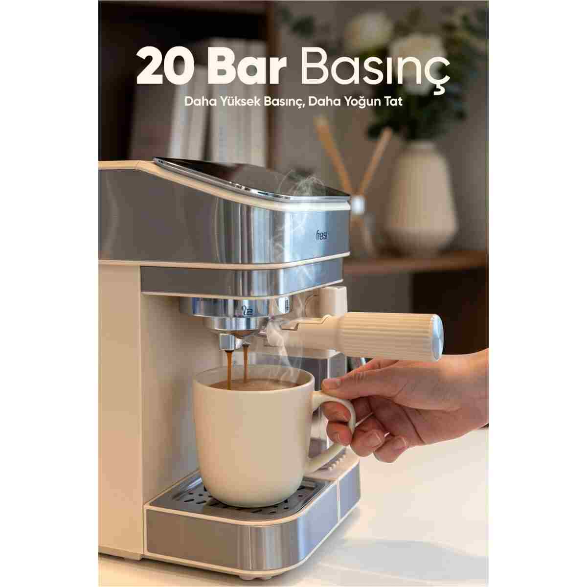 Fressi Espresso Latte Cappuccino Kahve Makinesi Otomatik Süt Tanklı 20bar Basınçlı Lavante Krem - Görsel 4