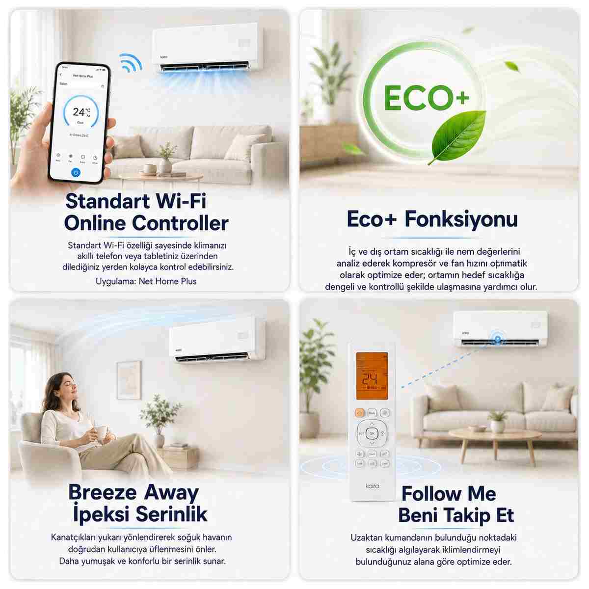 Kaira Plus DTXR25P 9000 BTU/h A++ Wifi Inverter Super Ionizer Duvar Tipi Klima (Montaj Dahil) - Görsel 4