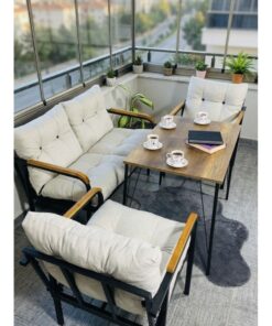 Madame Home Krem Balkon, Bahçe,Teras,Cafe - Salon - Metal Kanepe Koltuk Takımı - 2+1+1 + Masa