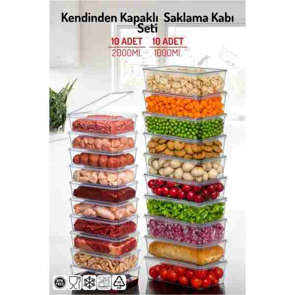 Nandy Home 20'li Set Kendinden Kapaklı Derin Dondurucuya Uygun Saklama Kabı 1 Lt. ve 2 Lt.