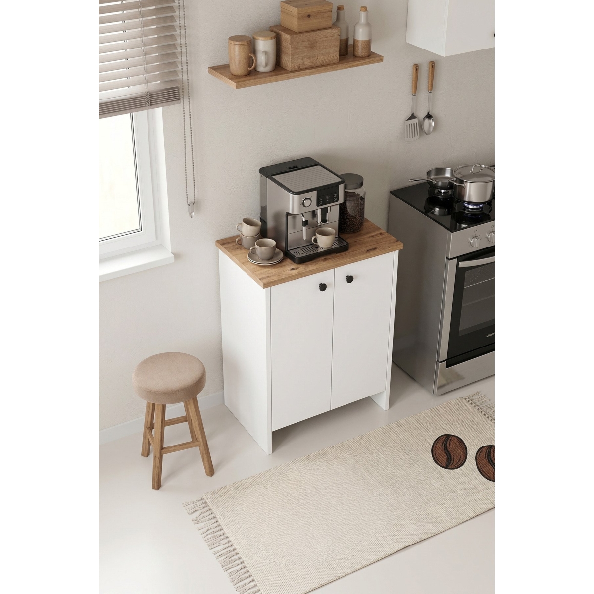 ROBEVE Kahve Köşesi Dolabı Çok Amaçlı Dolap Mutfak Dolabı 2 Kapaklı Organizer Raflı Modern - Görsel 11