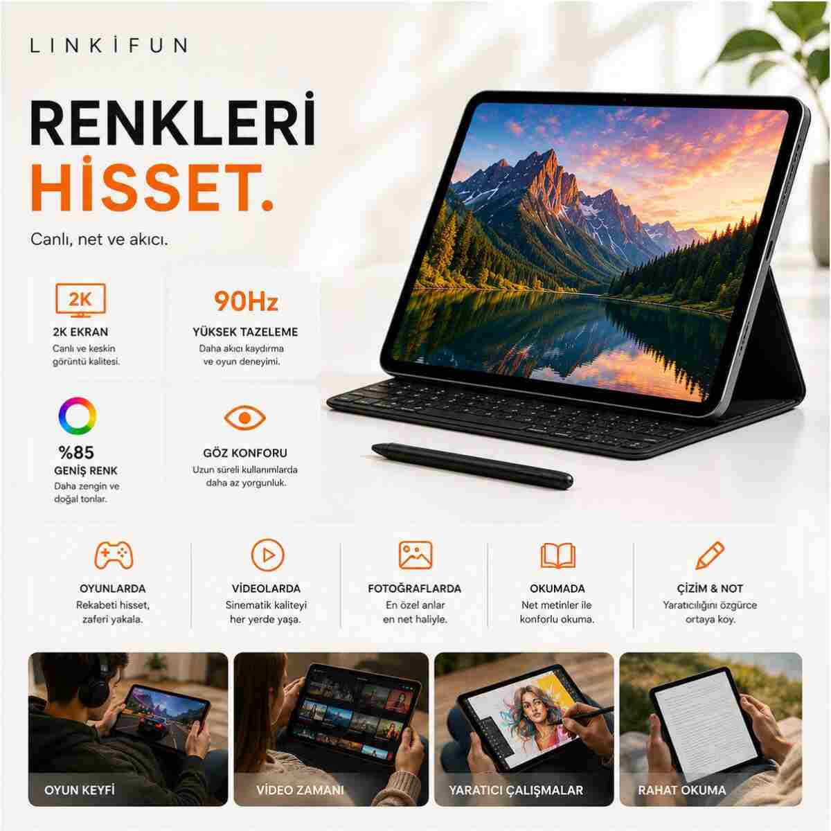 linkifun 10.1" HD IPS Android Tablet 4GB/32GB | 8000mAh Batarya | SIM Kart Destekli | Bluetooth Klavye + Kalem + Mouse Seti - Görsel 2