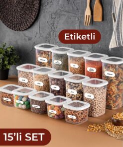 Vienev 15li Etiketli Foly Kare Erzak Saklama Kabı Seti 5x(0,55 Litre, 1,2 Litre, 1,75 Litre) Beyaz