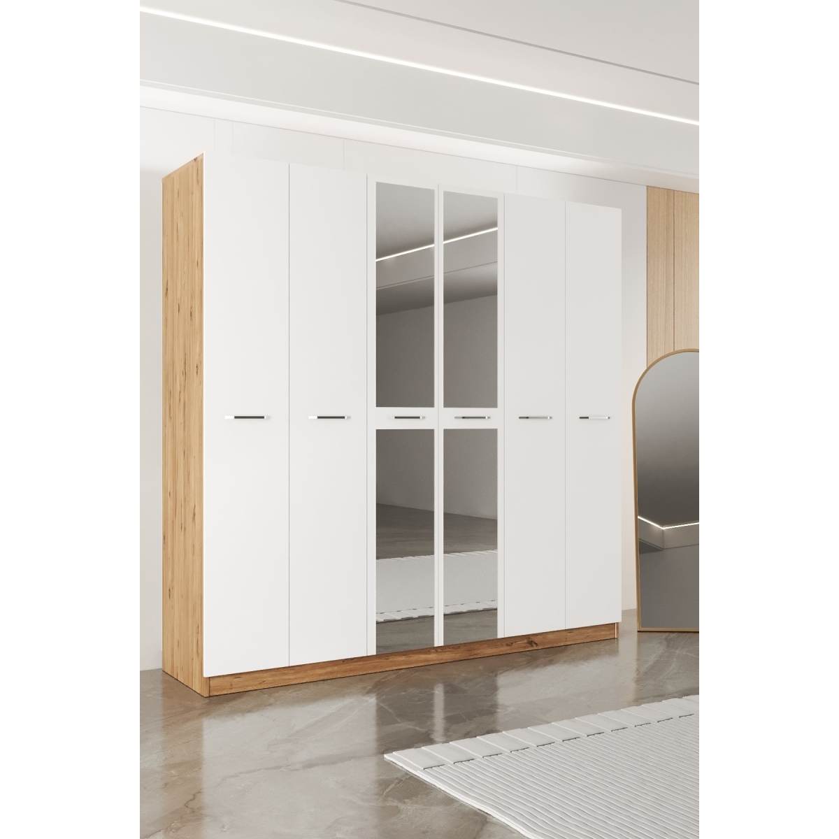 AEKA AE-2191 Hisar Beyaz/Beyaz Aynalı 6 Kapaklı Çok Bölmeli Askılı ve Raflı Geniş Hacimli Gardırop 210x210 cm - Görsel 12