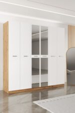 AEKA AE-2191 Hisar Beyaz/Beyaz Aynalı 6 Kapaklı Çok Bölmeli Askılı ve Raflı Geniş Hacimli Gardırop 210x210 cm - Görsel 12