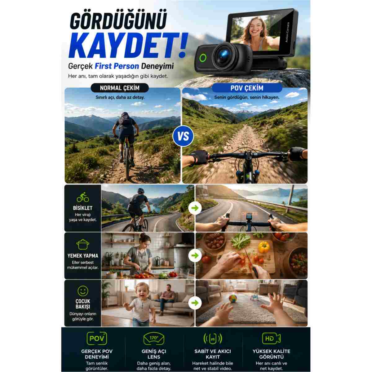Omaze 4K Ultra HD Hareketli Ekranlı Profesyonel Aksiyon Kamerası Manyetik Tutuş Flip Ekran Full Aparat - Görsel 11