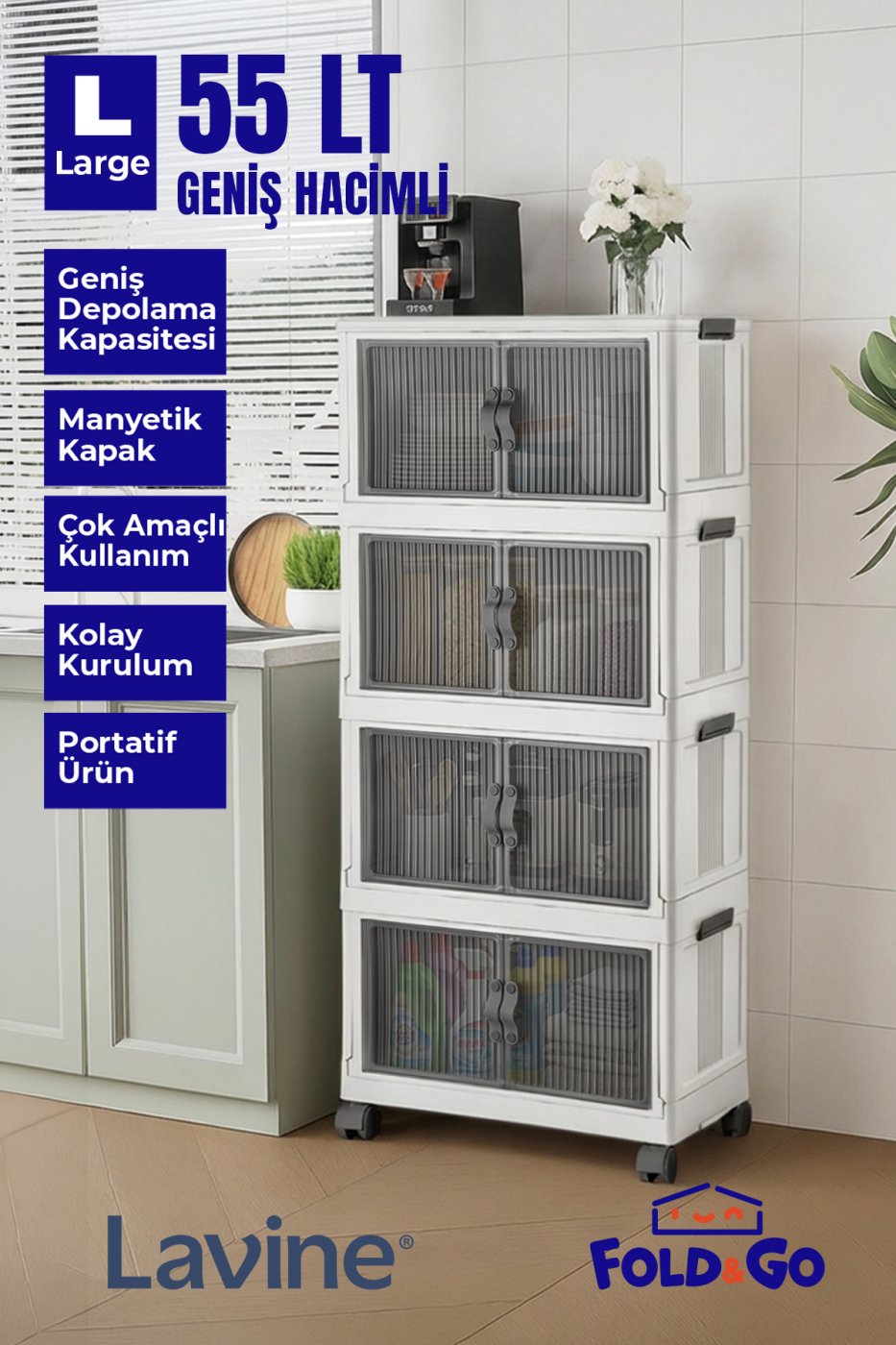569d0dc0c23aacf2e8b9a97f426421fa obido Lavine Fold&go 4'lü Portatif Organizer Tekerlekli Dolap Çok Amaçlı Kapaklı Katlanır ”beyaz” - Görsel 1