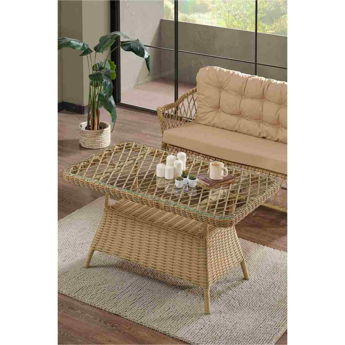 Evdemo Icon Rattan Bahçe Balkon Oturma Takımı 2+1+1+Camlı Masa Cappuccino - Görsel 4