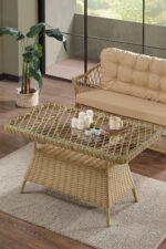 Evdemo Icon Rattan Bahçe Balkon Oturma Takımı 2+1+1+Camlı Masa Cappuccino - Görsel 4