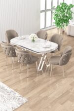 Canisa Zae Serisi 90x168 Lak Panel Beyaz Mermer Desen Krom Ayak Masa Takımı 6 Cappucino Sandalye