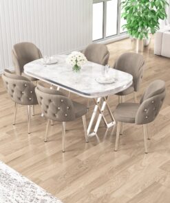 Canisa Zae Serisi 90x168 Lak Panel Beyaz Mermer Desen Krom Ayak Masa Takımı 6 Cappucino Sandalye