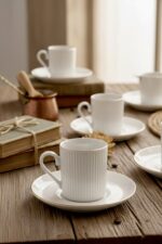 Kitchen Life Özel Tasarım Porselen Altın 12 Parça 6 Kişilik Çizgili Kahve Fincan Takımı 100 ml - Kahve Fincanı - Görsel 3