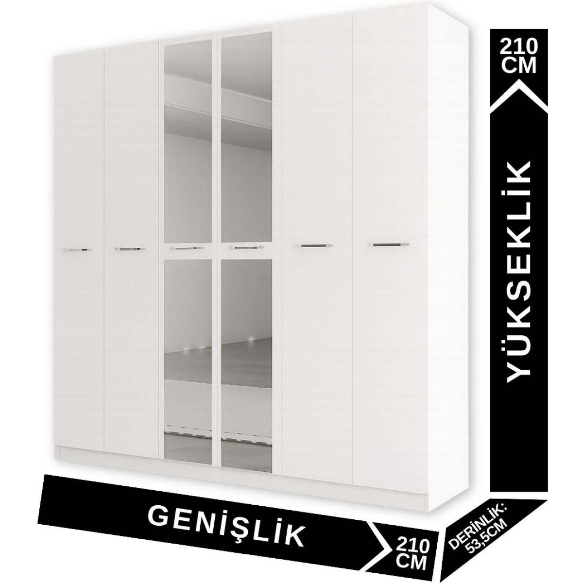 AEKA AE-2191 Hisar Beyaz/Beyaz Aynalı 6 Kapaklı Çok Bölmeli Askılı ve Raflı Geniş Hacimli Gardırop 210x210 cm - Görsel 2