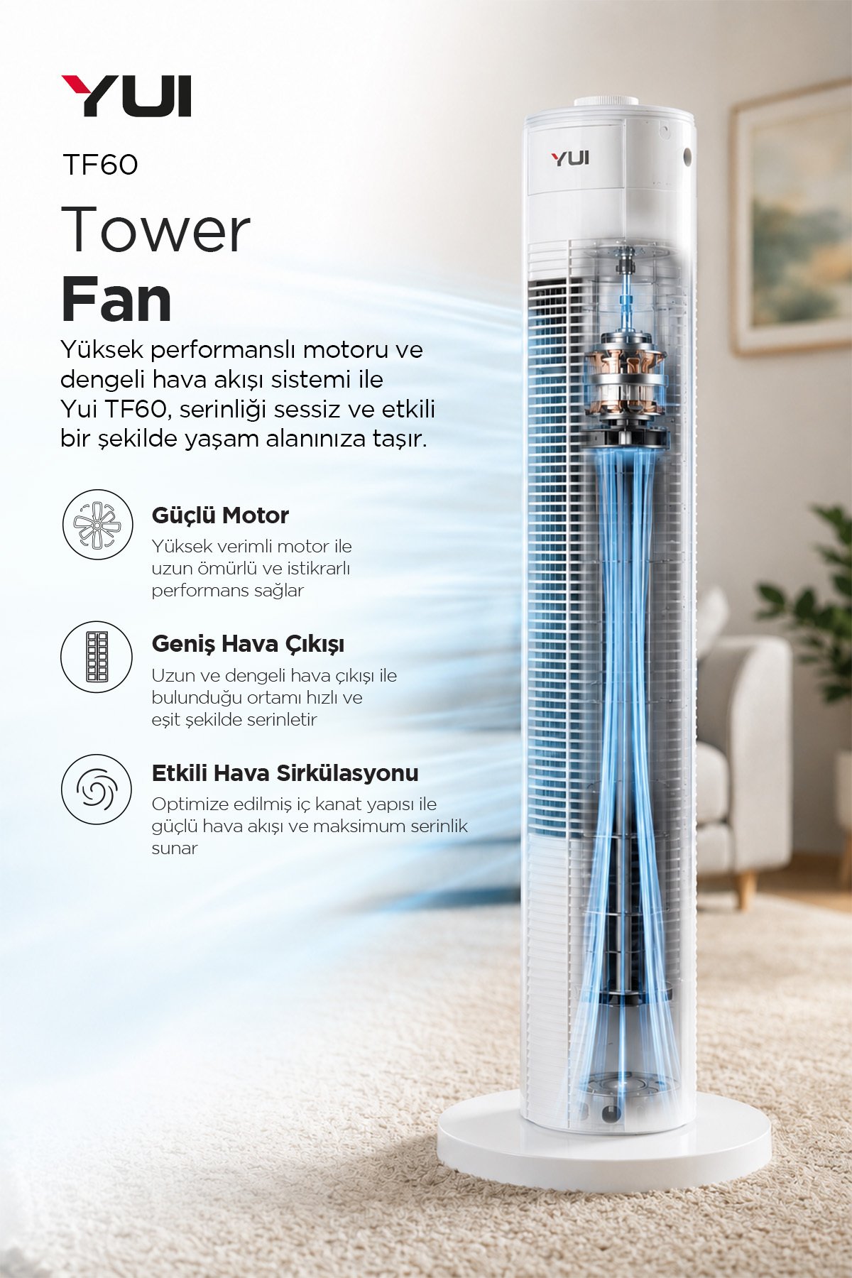Yui TF60 60W 90 Cm 3 Hız Ayarlı Kule Tipi Vantilatör Fan - Beyaz - Görsel 9