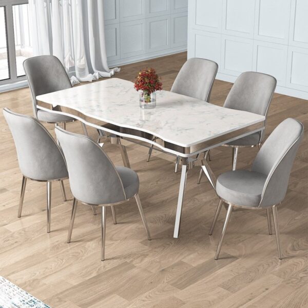 Canisa Prah Serisi 90x160 Lak Panel Beyaz Mermer Desen Krom Ayak Masa Takımı 6 Gri Sandalye