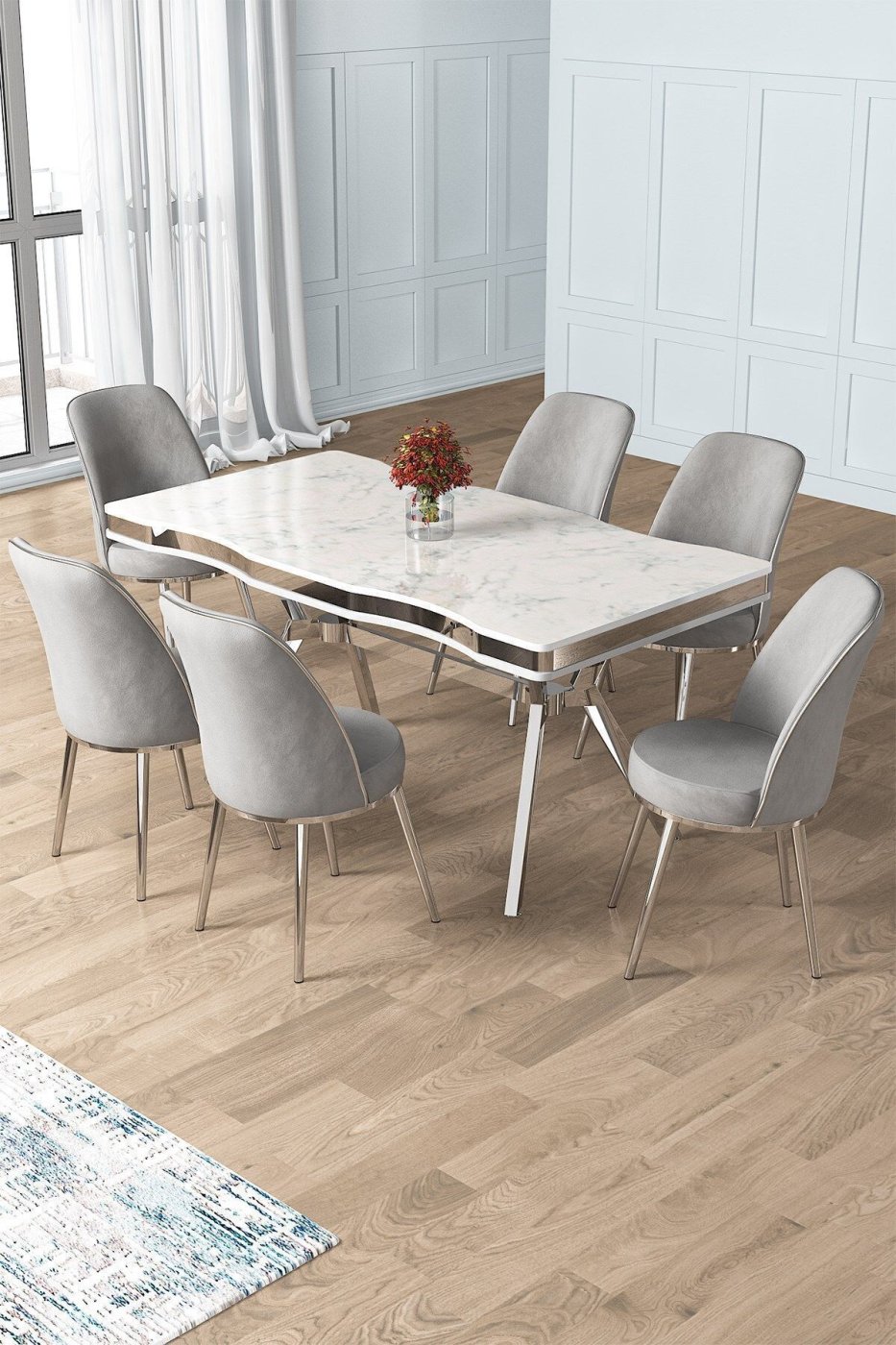 58db4f2fd896dc7043f57496b00b5780 Canisa Prah Serisi 90x160 Lak Panel Beyaz Mermer Desen Krom Ayak Masa Takımı 6 Gri Sandalye - Görsel 1