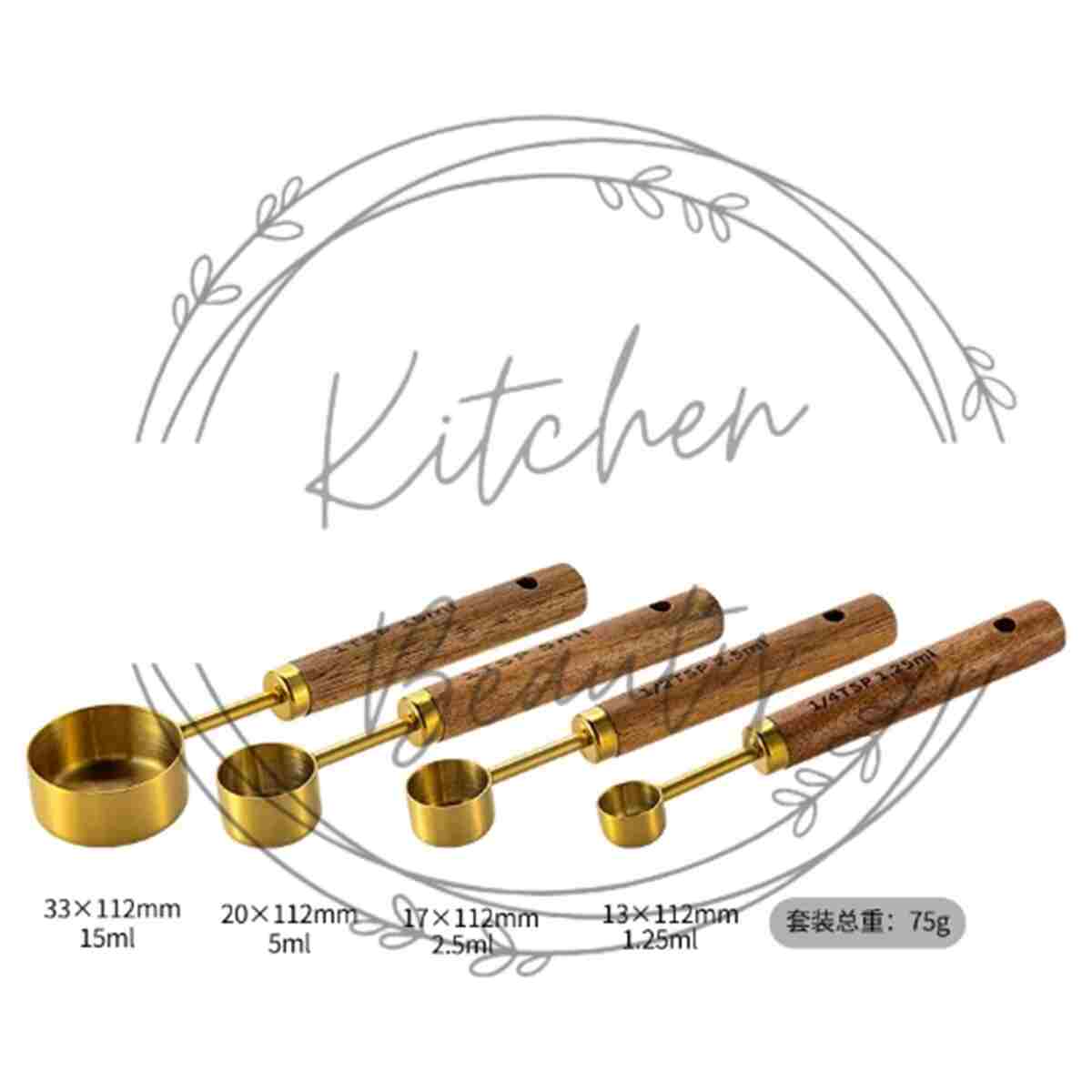 Kitchen Beauty 4 Adet Gold Paslanmaz Çelik Ahşap Saplı Ölçü Kaşığı Seti Ölçü Kabı 1.25ml 2.5ml 5ml 15ml - Görsel 7