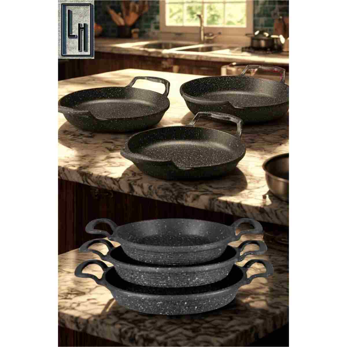 LinkaHome 3 Lü Döküm Granit Sahan Seti Tava Seti 18/20/22 Cm - Görsel 14