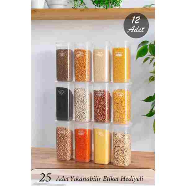 Porsima Org-432 Etiketli 12li Jumbo Boy - Bakliyat Saklama Kabı - Erzak Saklama Kabı Seti Şeffaf 1700 ml