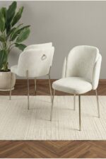 DEREN HOME Rigella Max Krom 80x130 MDF Sabit Masa Metal Ayak + 6 Adet Silinebilir Sandalye KREM - Görsel 2