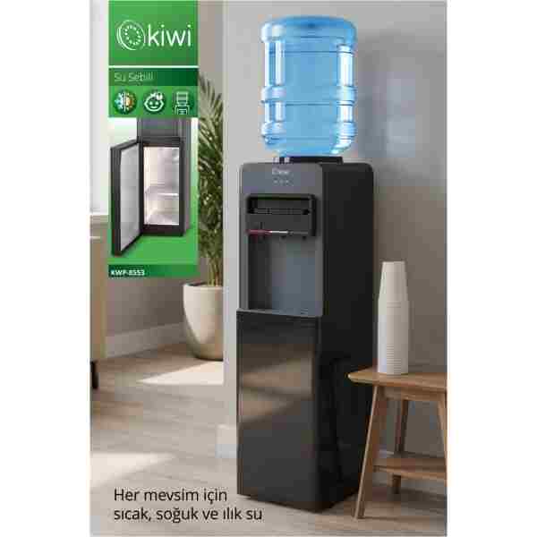 Kiwi KWP-8553 Su Sebili Siyah, 3 Musluklu (Sıcak-Soğuk-Ilık), Saklama Dolabı