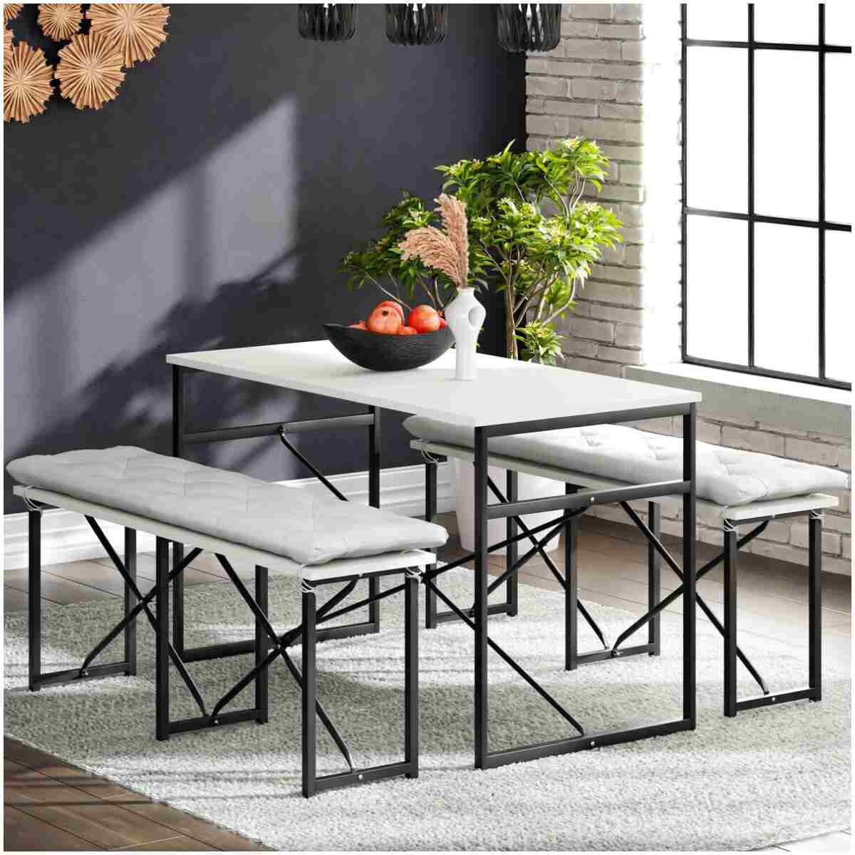 eportatif Masa Takımı Minderli Bench Bank Masa Seti 120x60 Masa Mutfak Masası Yemek Masası Beyaz 1555 - Görsel 8