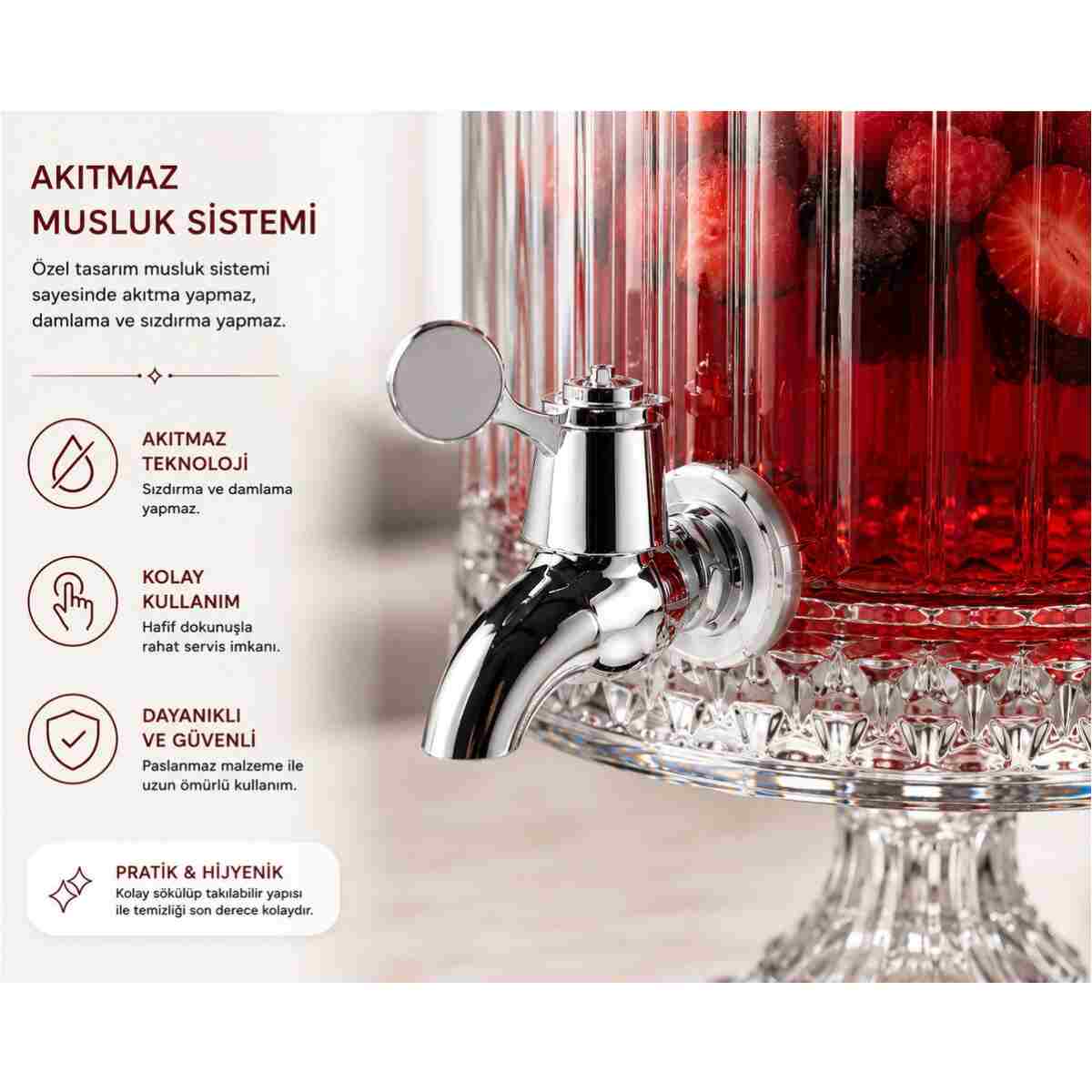 Kosova 4,5 LT Kristal Desenli Lüx Cam Sebil – Musluklu Ayaklı Limonata & İçecek Dispenseri - Görsel 2