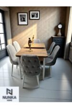 NUNKA HOME Şato Serisi Mutfak ve Salon Yemek Masası Takımı Krem +6 Sandalyeli Ceviz Renk Masalı - Görsel 6