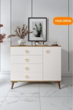 mapahomeliving Simple 4 Çekmeceli 1 Kapaklı Modern Şifonyer Beyaz Gümüş - Görsel 8