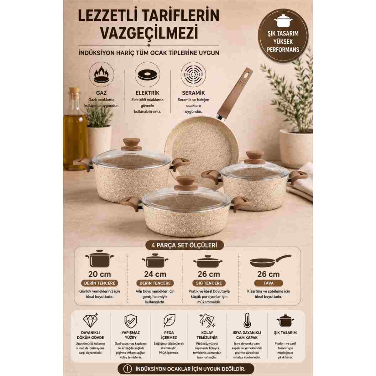 LAVONNI Diez 7 Parça Ezme Granit Tencere Seti- Cappuccino - 20/24 Derin / 26 Basık / 26 Tava - Görsel 2