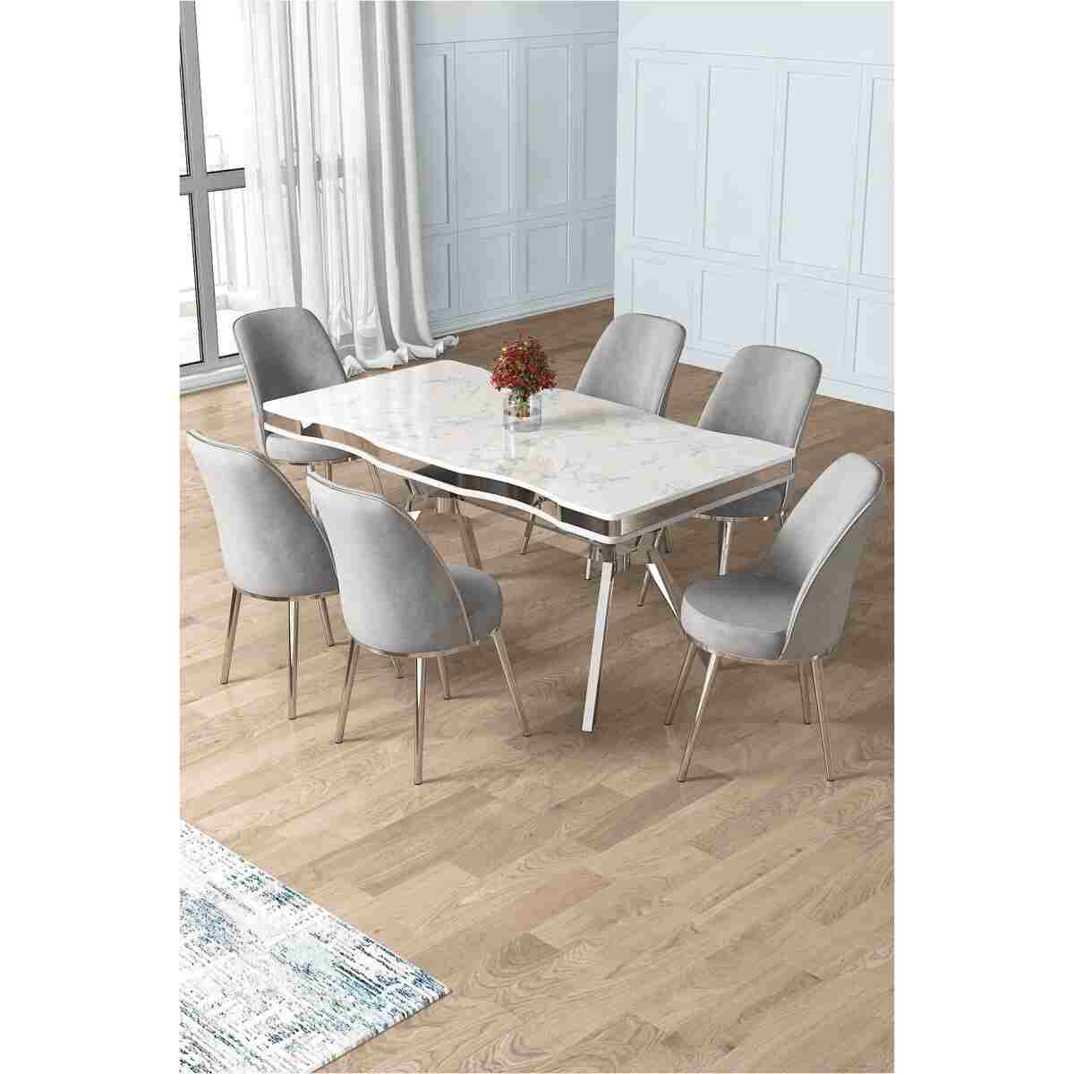 Canisa Prah Serisi 90x160 Lak Panel Beyaz Mermer Desen Krom Ayak Masa Takımı 6 Siyah Sandalye - Görsel 5