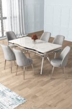 Canisa Prah Serisi 90x160 Lak Panel Beyaz Mermer Desen Krom Ayak Masa Takımı 6 Siyah Sandalye - Görsel 5