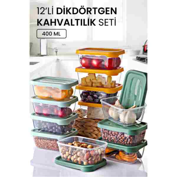 Kitchen Life 12'li Aura Dikdörtgen Saklama Kabı 400 ML - Kahvaltılık Kahvaltı Seti