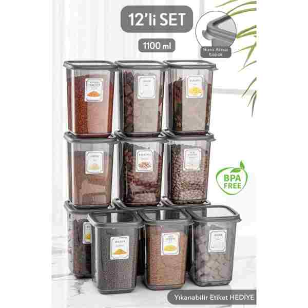 Meleni Home 12'li Set Pino Etiketli Büyük Boy Kare Erzak Saklama Kabı Seti Antrasit 12 X 1.10 Lt